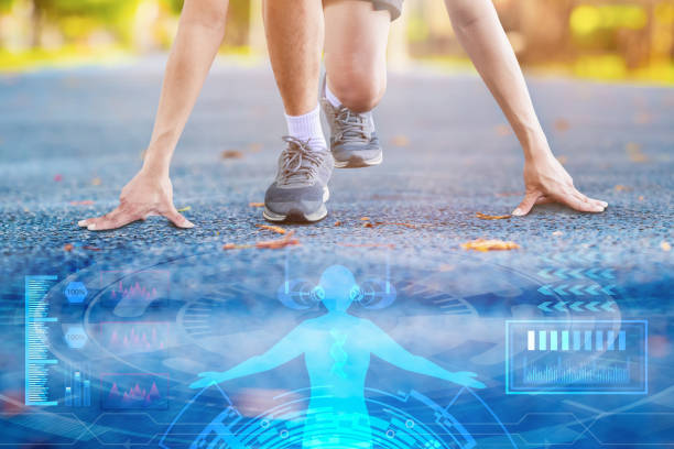 istock arm male touch floor start pose training run jogging exercise on track rubber in public park technology science and health medical science of doctor analyze DNA on hi tech future design background 1167148323