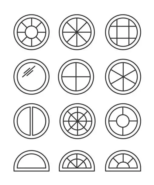 Vector illustration of Round & circle window. Casement & awning window frames. Line icon collection. Vector illustration. Isolated objects