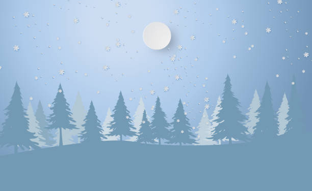 istock Scenery Merry Christmas and New Year on holidays background with forest winter snowflakes season landscape.Creative snowfall and full moon paper art and cut for card and postcard Vector Illustration. 1167148985