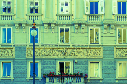 Architectural details on a historic building in Trieste, Italy. Vintage processing.