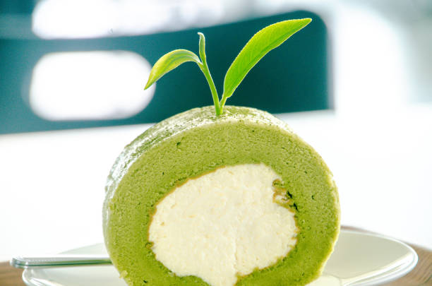 Close up of matcha cake roll