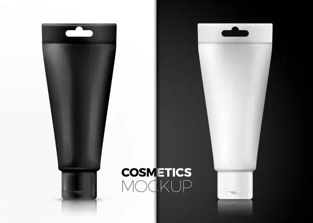 Vector illustration of Vector cream tubes with hanger on black and white