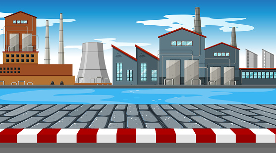 Factory scene with river in foreground illustration