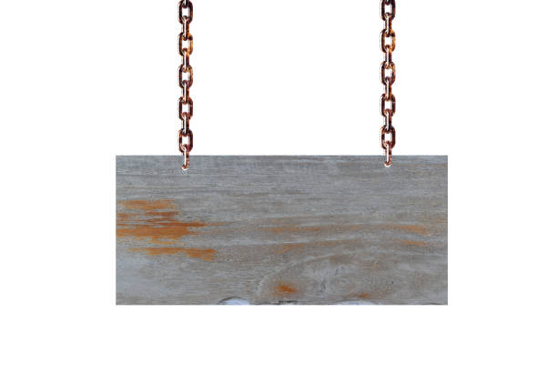 istock Empty wooden signs hanging on chain isolated on white background. 1167150815