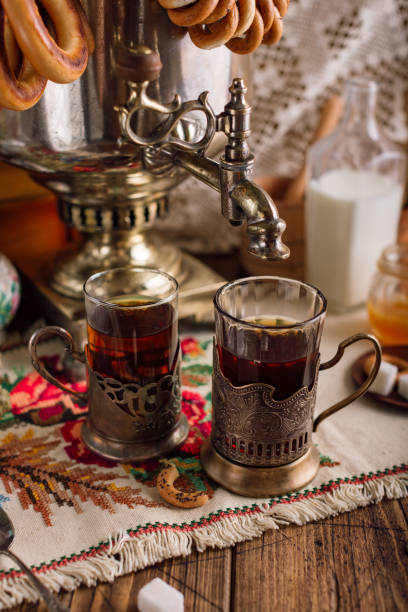 istock Samovar. Russian traditional tea party, tea in a cup holder, bagels 1167153279