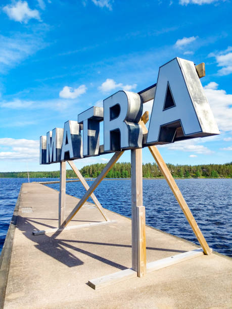 istock Imatra sign. Blue sky with clouds background. Lake. Finland 1167154680