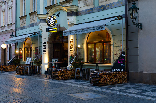 Prague, Czech Republic - January 21, 2019: Traditional Czech beerhouse (Brewer 