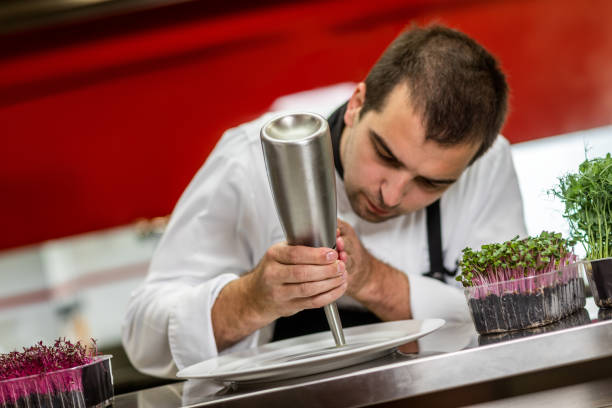 istock Chef using a cream dispenser to make a plate decoration in a restaurant kitchen 1167167350