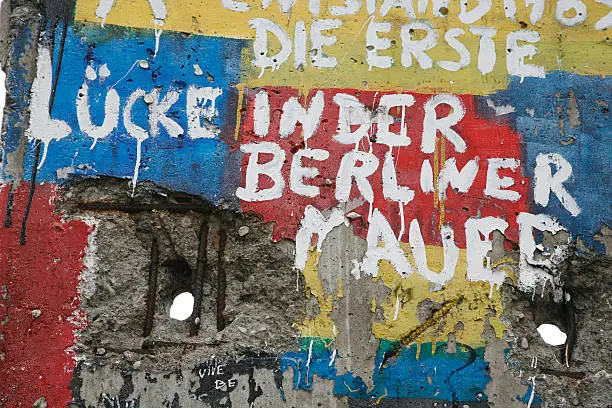 Graffiti and greetings on one of the remaining sections of the old cold war Berlin wall - Germany. The German text says:&quot; The first holes in the Berlin Wall.&quot;