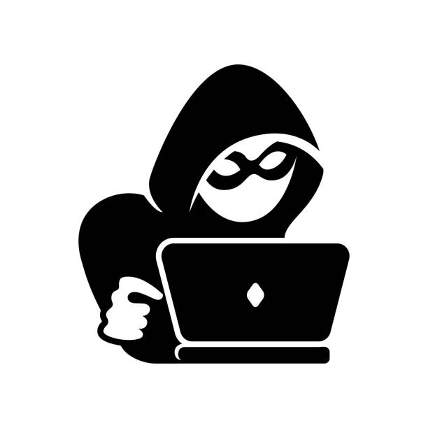 Computer Hacker Over a Laptop Icon Vector Illustration of an Computer Hacker Over a Laptop Icon black and White Clip Art hacker laptop stock illustrations