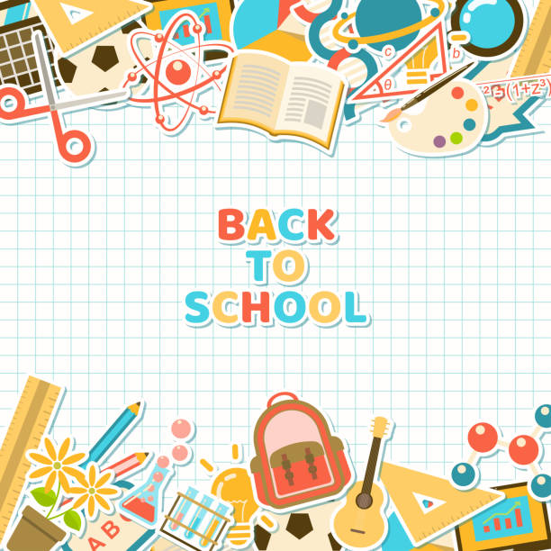 Back to school stickers on grid paper Back to school background with colorful course and school element stickers in flat style on grid paper high school sports stock illustrations