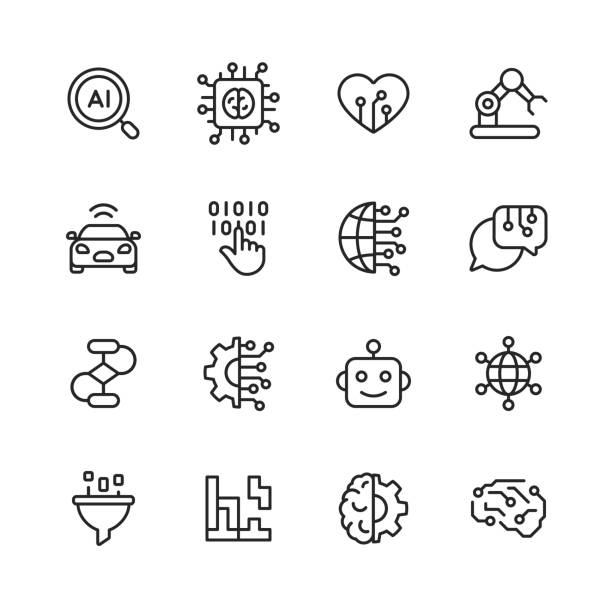 Artificial Intelligence Line Icons. Editable Stroke. Pixel Perfect. For Mobile and Web. Contains such icons as Artificial Intelligence, Machine Learning, Internet of Things, Big Data, Network Technology, Robot, Finance Cloud Computing. 16 Artificial Intelligence Outline Icons. robot icons stock illustrations