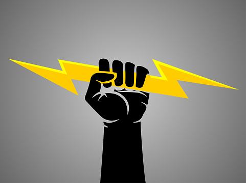Isolated vector illustration of black hand or silhouette, holding a lightning bolt