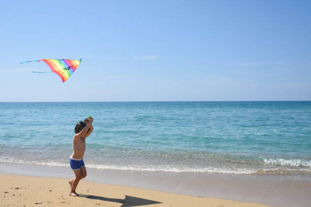 istock Little boy playing with kite on tropical beach 1167174733