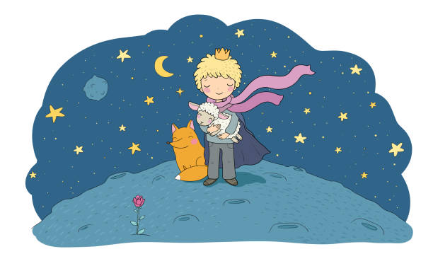 illustrazioni stock, clip art, cartoni animati e icone di tendenza di il piccolo principe.una fiaba su un ragazzo, una rosa, un pianeta e una volpe. vettore - piccolo