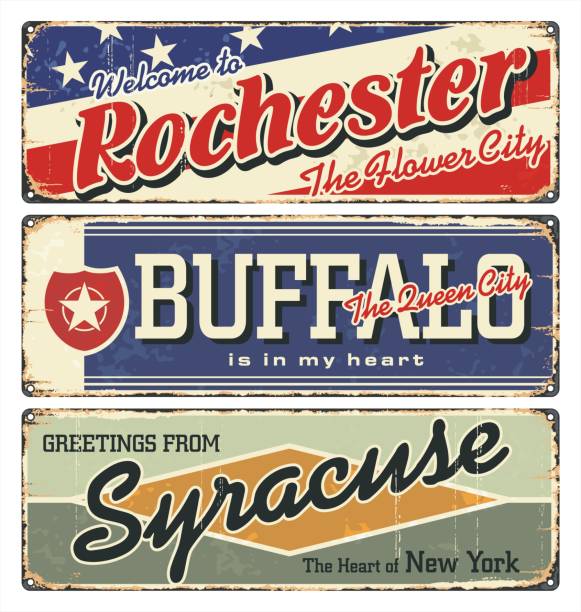 New York tin enamel sign. Vintage city label. Vintage tin sign collection with US cities. Rochester. Buffalo.Syracuse. Retro souvenirs or postcard templates on rust background from New York state. New York tin enamel sign. Vintage city label. Vintage tin sign collection with US cities. Rochester. Buffalo.Syracuse. Retro souvenirs or postcard templates on rust background from New York state. rochester new york state stock illustrations