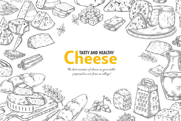 ilustraciones, imágenes clip art, dibujos animados e iconos de stock de fondo de queso dibujado a mano. comida italiana orgánica y aperitivos sketch, diseño del menú del restaurante. tabla vectorial con productos - queso