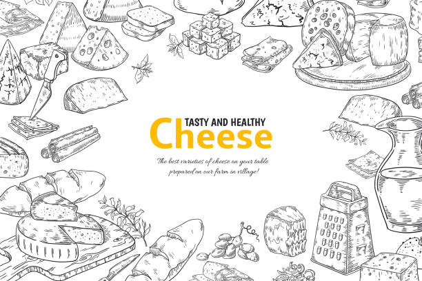 Hand drawn cheese background. Organic Italian food and snacks sketch, restaurant menu design. Vector outline table with traditional products for breakfast