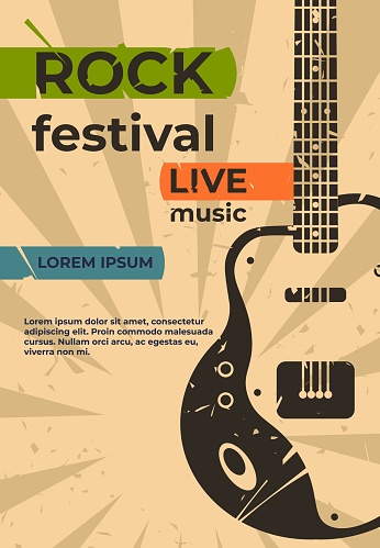 Guitar poster. Music jazz rock concert or party flyer, festival show or event retro grunge card. Vector design graphics cool placard with vintage electric guitar