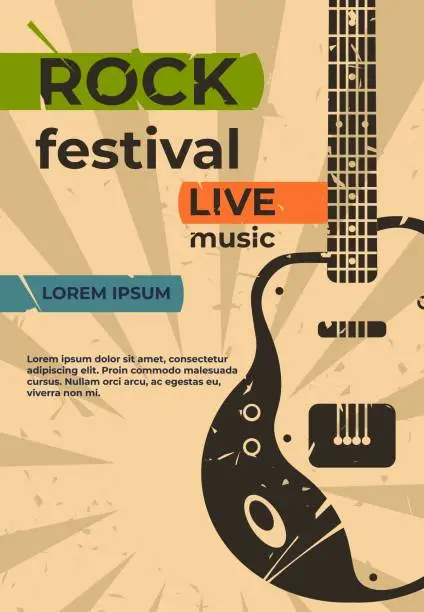 Vector illustration of Guitar poster. Music jazz rock concert or party flyer, festival show or event retro grunge card. Vector placard with electric guitar