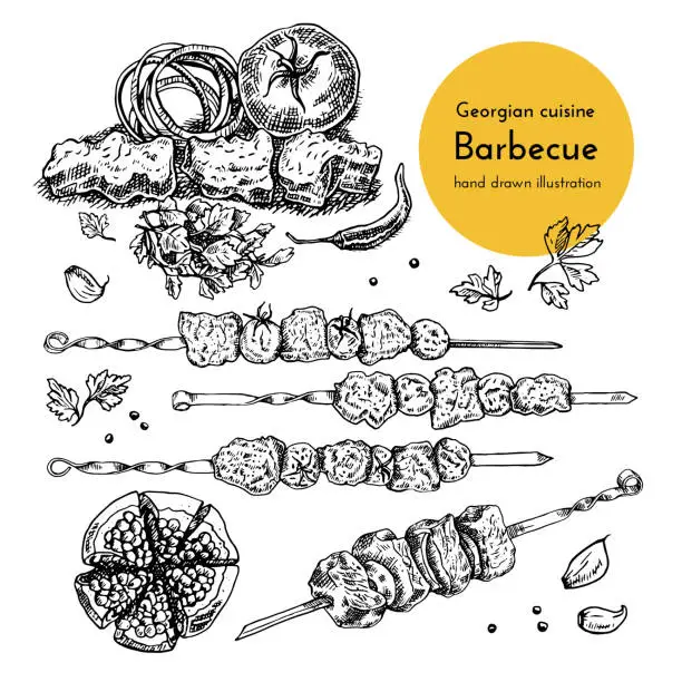 Vector illustration of illustrations of Georgian cuisine. hand drawn sketches with national dishes of Caucasian cuisine  barbecue on skewers. sketch set
