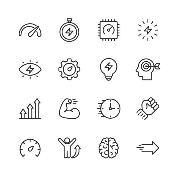 ilustrações de stock, clip art, desenhos animados e ícones de performance line icons. editable stroke. pixel perfect. for mobile and web. contains such icons as performance, growth, feedback, running, speedometer, authority, success. - performance efficiency business determination