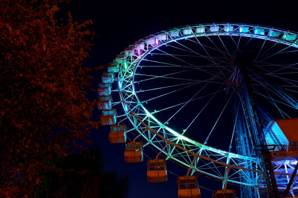 istock Ferris wheel with blue lighting and trees at night. 1167182630