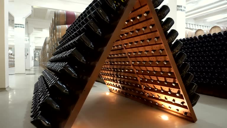 stacked of old wine bottles in the cellar