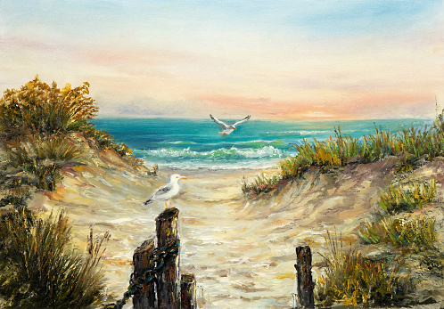 Original  oil painting of ocean beach dunes with seagulls  on canvas.Modern Impressionism, modernism,marinism