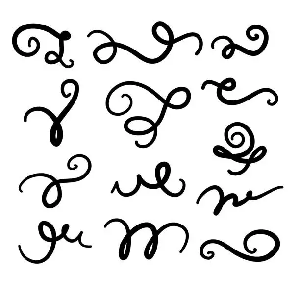 Vector illustration of Set of hand drawn lettering and calligraphy swirls, squiggles. Vector ink decorations for composition