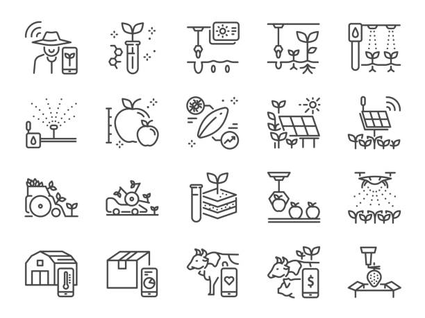 Smart farming line icon set. Included icons as farmer, agriculture, planting, app, online control and more. Smart farming line icon set. Included icons as farmer, agriculture, planting, app, online control and more. farm icons stock illustrations