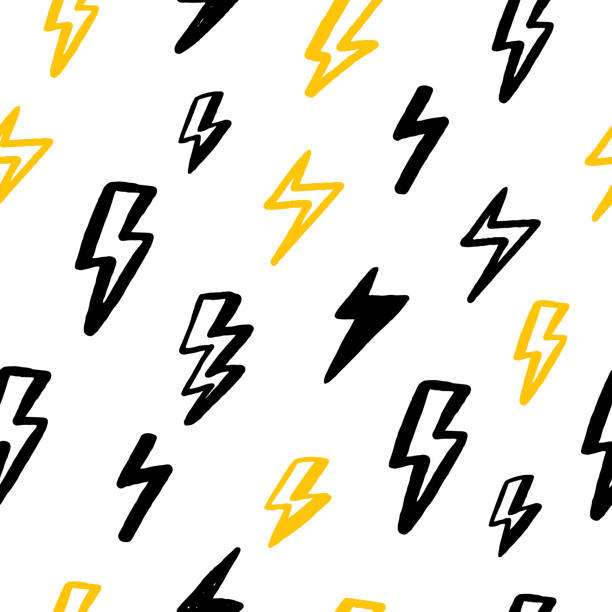 ilustraciones, imágenes clip art, dibujos animados e iconos de stock de impresión grunge thunderbolt patrón sin costuras para el diseño de papel pintado en colores negro y amarillo. fondo geométrico abstracto de arte. diseño vectorial. - interface icons flash