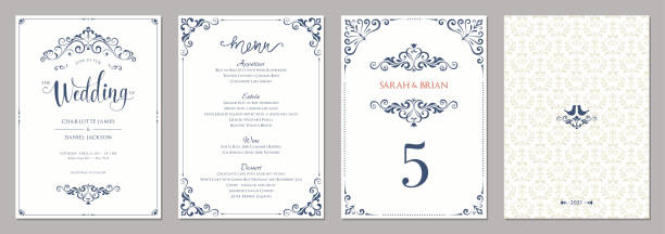 Ornate Design Templates_03 Wedding invitation, menu, table number and ornate background. wedding invitation stock illustrations