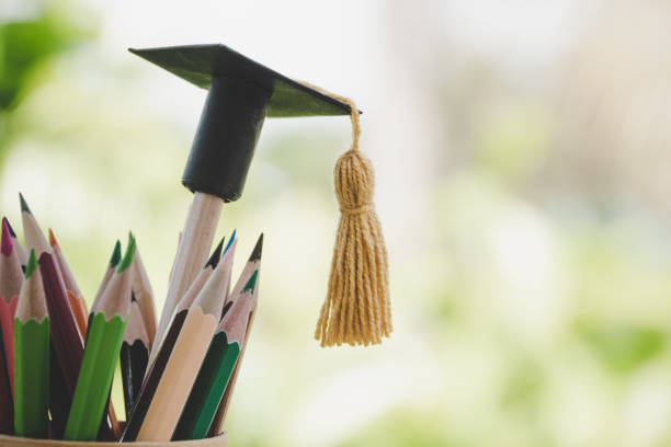 istock Graduate study or education knowledge is power concept: Graduated cap put on color pencils in basket. Conceptual for educational is successs learning abroad international or business. Back to School 1167189405
