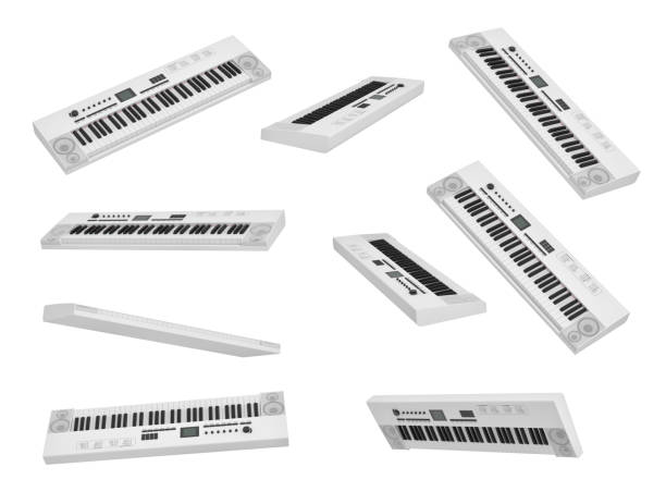 white synthesizer, electronic piano, musical instument isolated on white background 3d rendering