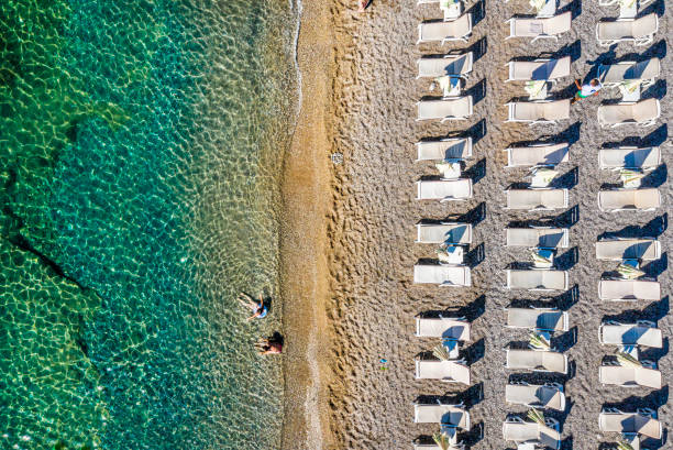 lits de soleil sur un rivage de plage, vu d'un point de vue de drone - mushroom edible mushroom water splashing photos et images de collection