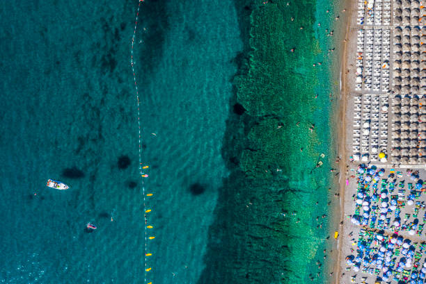 vue de haute altitude d'une plage de jade bordée de bouées à côté d'une grande plage remplie de parasols et de transats - mushroom edible mushroom water splashing photos et images de collection