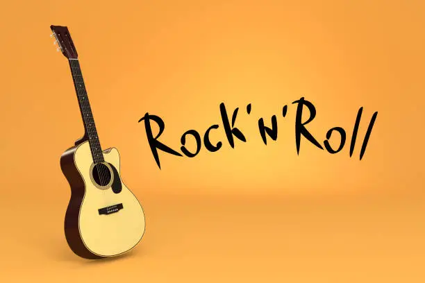 guitar whith title rock'n'roll on color background 3d rendering