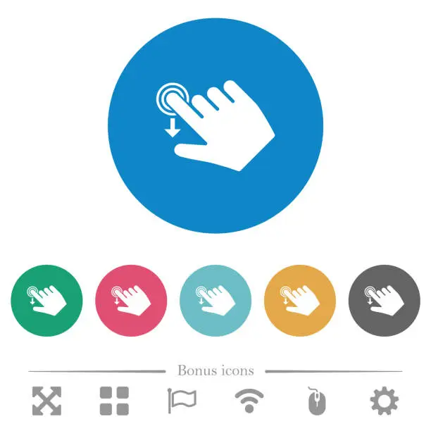 Vector illustration of Right handed slide down gesture flat round icons