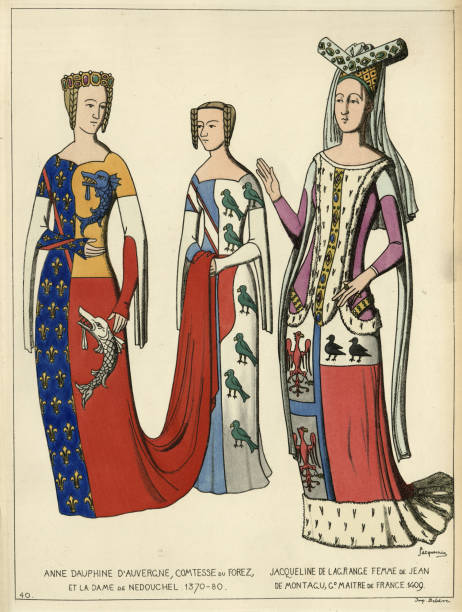 мода средневековья, французские благородные женщины, платья с геральдическими знаками отличия - coat of arms france nobility french culture stock illustrations