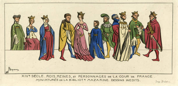 French Kings, Queens and nobles, Medieval costumes, 14th Century Vintage engraving of Medieval fashion, 14th century. Kings, queens, and characters of the court of France. Miniatures of the Bibliot [hèque] Mazarine. Drawings.. Iconographie generale et methodique du Costume, Raphael JACQUEMIN medieval illustrations stock illustrations