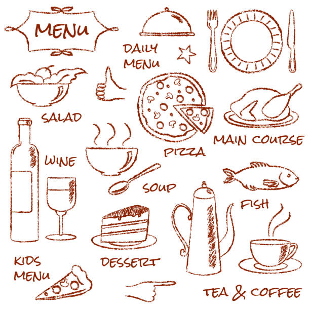 Hand drawn menu elements set Set of hand drawn menu elements isolated on white silverware illustrations stock illustrations
