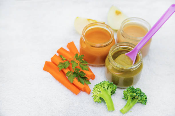 Baby food. Mashed vegetables and fruits in jars. Selective focus. nature.