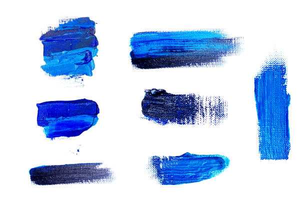 set of blue strokes on white canvas - oilpaint imagens e fotografias de stock