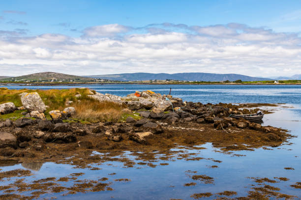 istock Bay with low tide, seaweeds, boat and mountains in Carraroe 1167212024