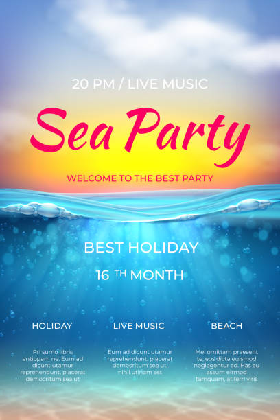 Realistic summer poster. Pool party design, ocean underwater scene for vacation marine event. Vector sea beach party banner Realistic summer poster. Pool party design, ocean underwater scene for vacation marine event. Vector illustration sea beach outdoor disco party banner tropical beach and clouds scene stock illustrations