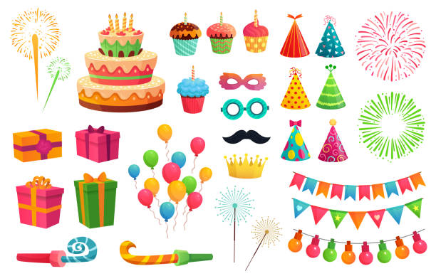 ilustraciones, imágenes clip art, dibujos animados e iconos de stock de kit de fiesta de dibujos animados. cohete saligos, globos de colores y regalos de cumpleaños. conjunto de ilustraciones vectoriales de máscaras de carnaval y cupcakes dulces - ribbon nobody cupcake celebration