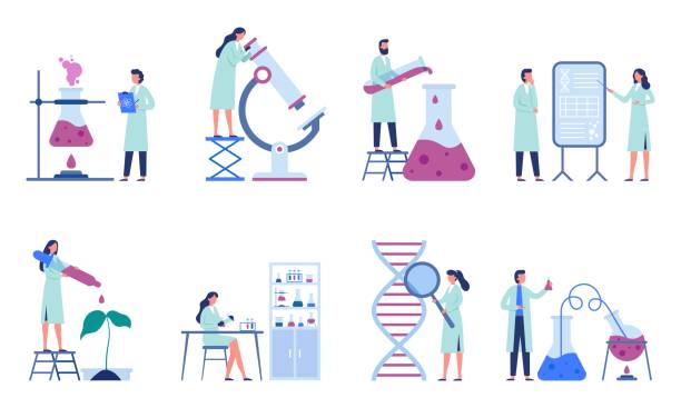 Working scientists. Professional lab research, chemistry laboratory workers and science researchers flat vector illustration set Working scientists. Professional lab research, chemistry laboratory workers and science researchers. Infection scientists, biologist engineer working. Isolated flat vector illustration icons set medical research stock illustrations