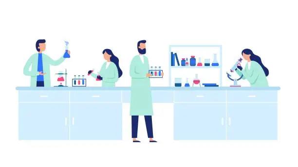 Vector illustration of Scientific research. Scientist people wearing lab coats, science researches and chemical laboratory experiments vector illustration