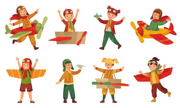 ilustrações de stock, clip art, desenhos animados e ícones de kids in pilot costumes. paper toy plane wings, adorable kids play with airplanes toys and child aircraft modeling vector set - smiling aeroplane